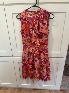 Tory Burch Darilynn Pink Grapefruit Wildflower Ruffle Silk Dress Size 2